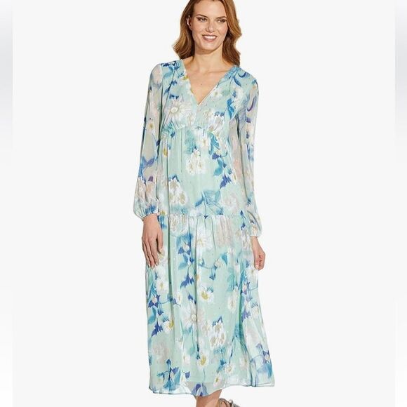 Adrianna Papell Women's Floral Chiffon Tiered Dress mint size 6 - Picture 1 of 16